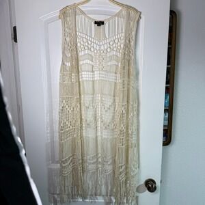 Cal Style Cream Crochet Fringe Long Vest Duster Kimono Boho Size L